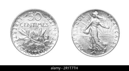 Vorder- und Umkehrung von 1915 50-Centimes-silbermünze, isoliert auf weißem Hintergrund Stockfoto