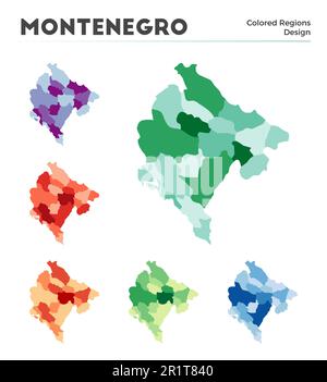 Kartensammlung Montenegro. Grenzen Montenegros für Ihre Infografik. Farbige Länderregionen. Vektordarstellung. Stock Vektor