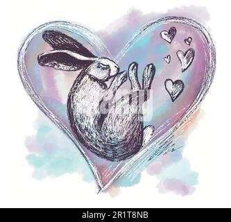 Das Kaninchen schläft in einem großen Herzen in sanften Farben, neben kleinen Herzen. Eine Fantasie-Komposition. Digitale Illustration, isoliert auf weißem Hintergrund. Stockfoto