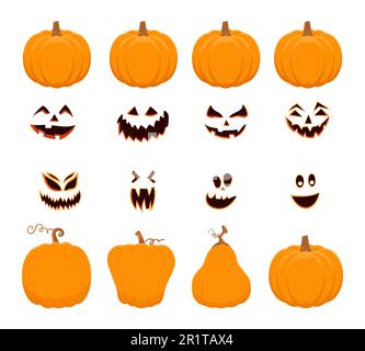 Cartoon, ein flaches Set mit verschiedenen orangefarbenen Kürbissen Stock Vektor