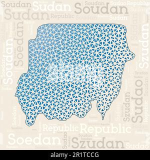 Sudan Kartendesign. Ländernamen in verschiedenen Sprachen und Kartenform mit geometrischen niedrigen Poly-Dreiecken. Saubere Vektor-Illustration des Sudan. Stock Vektor