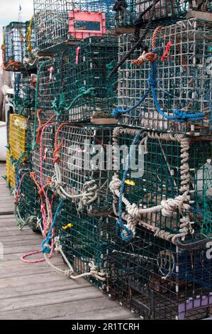 Alte Fischkäfige für Hummer. Camden Dock, Maine Stockfoto