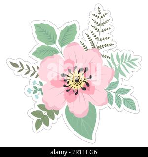 Klassische dekorative Pflanzen und Blumenaufkleber. Handgezeichnete Vektorelemente. Vorlage für Sammelalben, Aufkleber, Planer, Einladungen. Stock Vektor