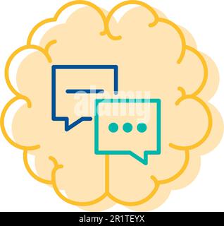 Chatblasensymbol über dem Hintergrund des menschlichen Gehirns, Chatblasensymbol, Social-Media-Kommunikation Sign-Thin-Line-Design. Sprechblasen, Internet-Chats und Stock Vektor