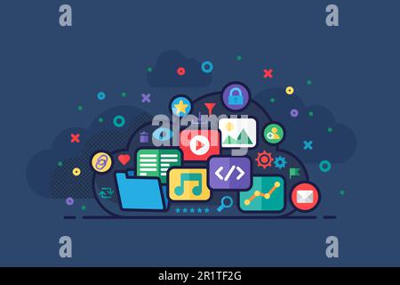 Vector Cloud Storage Concept Illustration mit Cloud mit Symbolen wie Grafiken, Dokumenten, Musik oder Audio, Video oder Kino, Bild oder Foto, Code ein Stock Vektor