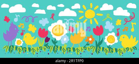 Blüten und Vögel flache Vektordarstellung. Kleine Hühner im Freien. Landschaft, Frühlingshintergrund Stock Vektor