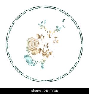 Orkney Islands rundes Logo. Digitale Form der Orkney-Inseln in gepunktetem Kreis mit Inselname. Technisches Symbol der Insel mit abgestuften Punkten. Genehm Stock Vektor