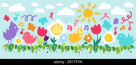 Blüten und Vögel flache Vektordarstellung. Kleine Hühner im Freien. Landschaft, Frühlingshintergrund Stock Vektor