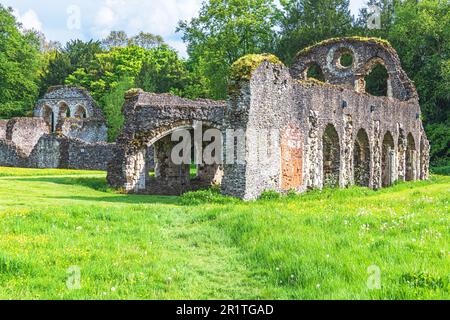 Die zerstörte Unterwelt in Waverley Abbey bei Farnham, Surrey. Die Abtei war das erste Zisterzienserkloster, das 1128 in England gebaut wurde. Stockfoto