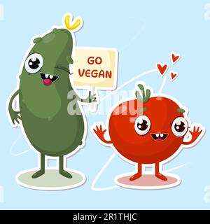 Los geht's mit veganen Gurken- und Tomatenaufklebern Stock Vektor