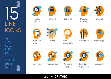 Der menschliche Verstand verarbeitet flache Vektorsymbole. Hirnwissenschaft und Psychologie Blau- und Orangenpiktogramme Stock Vektor
