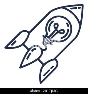 Raumschiff mit Lampe, Geschäftsstrategie und Startup-Konzept. Rocket mit Glühbirne – Symboldesign. Startup Innovation und erfolgreiche Geschäftsidee Stock Vektor