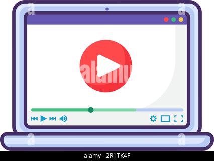 Laptop mit Wiedergabetaste, Symbol für Mediengeräte-App. Flachvektordarstellung des Computerbildschirms mit geöffnetem Videoplayer Stock Vektor