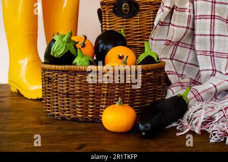 Ein Korb mit Auberginen und Kürbissen liegt auf dem Tisch, und im Hintergrund gibt es einen Korb aus Korb aus Korb und gelbe Gummistiefel. Stockfoto