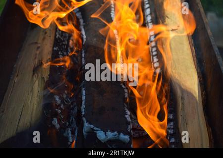 Brennende, heiße Holzplanken mit Feuer und Rauch. Textur, Hintergrund. Stockfoto