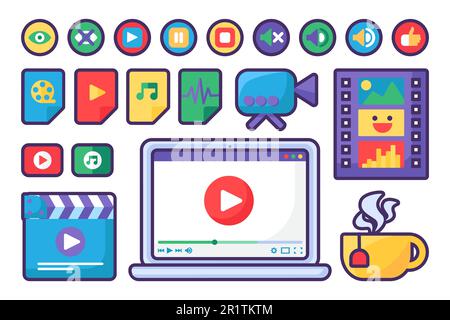 Media Player-Symbole und Schaltflächen Flachdesign-Vektordarstellung festlegen. Satz von Flachzeichen für Multimedia, Video-Audiodateien für Apps und Websites Symbole Stock Vektor