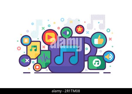 Musikbanner farbenfrohe flache Vektordarstellung mit Hinweisschildern und Knöpfen für die Mobile Musical App. Multi-Media-, Audio- und Video-Player-Symbole auf Vorlage Wh Stock Vektor