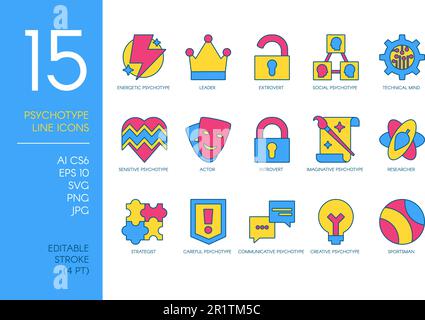 Satz flacher Symbole mit verschiedenen psychologischen Typen und Temperamenten isoliert. Sammlung der Zeichen für psychische Gesundheit und Psychologie, Unterschiede des menschlichen Geistes C Stock Vektor
