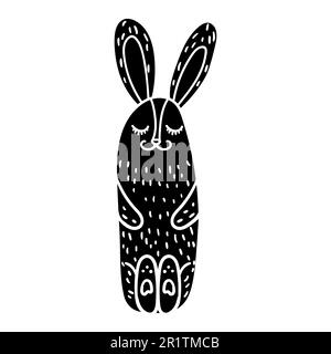 Hasenhand mit wunderschönem Sitzen und Schlafen auf einem Kreidetafelplakat im Hintergrund gezeichnet. Happy Ostern Gruß Celebration Postcard Element Black und Whi Stock Vektor