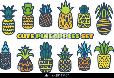 Ananas, Vektor, handgezeichnet, Zeichnungsset. Sammlung tropischer Früchte isoliert auf weiß Stock Vektor