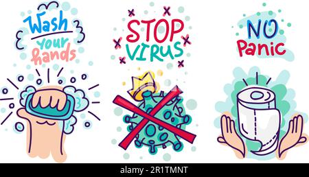 Virenschutzaufkleber. Zeichentrickfilme Abzeichen mit Händewaschen mit Seife mit Seife, Virus mit Krone und Toilettenpapier mit handgezogenem Text für Etiketten, Stock Vektor
