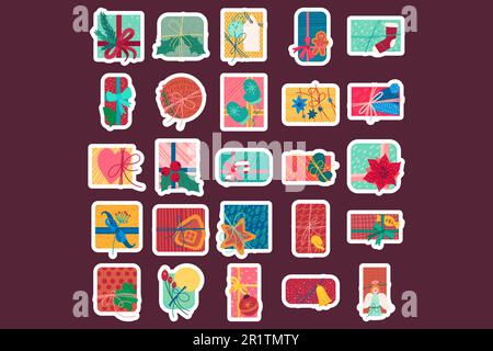 Farbenfrohe weihnachtsgeschenke Boxen Flachvektordarstellung. Silvester Geschenke Aufkleber Set Stock Vektor