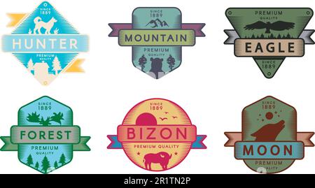 Kollektion Abzeichen Tiere und Natur Set Logo. Farbenfrohe Markenzeichen Hunter and Mountain, Adler und Wald, Bizon und Mond mehrfarbiger Holzklotz Stock Vektor