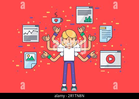Multitasking-Webentwickler mit vielen Händen. Programmierer, programmierer, seo, smm-Marketingfreak, der an der App- und Website-Optimierung arbeitet. Hacker oder Freiberufler Stock Vektor