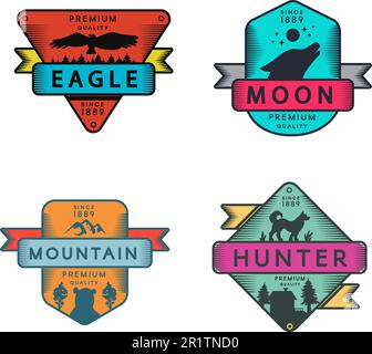 Logo für Adler und Berg, Mond und Jäger. Farbenfrohes Sortiment Markenzeichen Premium-Qualität. Wolf und Hund, Climb Hill und Bird Silhouetten auf D Stock Vektor