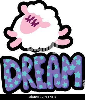 Schlafende Schafe, genähte Rahmenflicken. Flacher Aufkleber mit Traumschrift. Strichlinie niedliche Illustration Stock Vektor