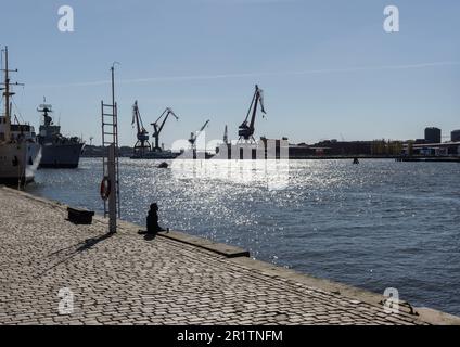 Silhouette einer Person mit Blick auf den Gota-Kanal, Gota Alv mit Kränen und Schiffen im Hintergrund von Jussi Bjorling Plats. Göteborg Stockfoto