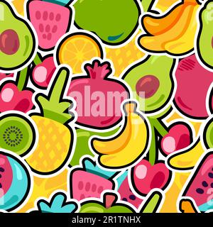 Frische Beeren Sommerfrüchte Mix Nahtloses Muster. Leuchtend Bemalte Ananas, Orangefarbener Hintergrund. Lustige Kirschen Kiwi und Avocado mit schwarzem Umriss. Kid P Stock Vektor