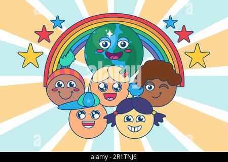 Vielfältige Kindergruppe, Multi-Rassen-Kinder mit Erde- und Regenbogenhintergrund. Kindheit und Diversitätskonzept. Zeichentrickfilme, lächelnde Kinder, afrikaner, Asiaten Stock Vektor