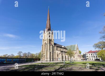 Hagakyrkan, Haga-Kirche, zuvor Nya Kyrkan, im historischen Haga-Viertel. Kirche im neogotischen Stil von 1859. Göteborg zum 400. Geburtstag. Stockfoto