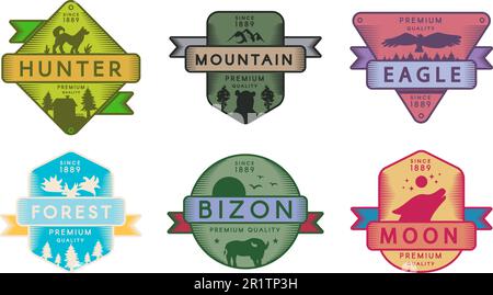 Kollektion Abzeichen Tiere und Natur Set Logo. Farbenfrohe Markenzeichen Hunter and Mountain, Adler und Wald, Bizon und Mond mehrfarbiger Holzklotz Stock Vektor