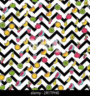 Bemalte Beeren Sommerfrüchte Mischen Nahtloses Muster. Leuchtende Ananas, Orange im Zickzack-Hintergrund. Kirschen, Kiwi und Granatäpfel mit schwarzer gepunkteter Linie. Stock Vektor