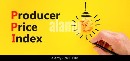 PPI-Symbol für den Preisindex der Erzeuger. Konzeptbegriffe PPI Erzeugerpreisindex auf gelbem Papier. Wunderschöner gelber Hintergrund für den Tisch. Business und PPI PR Stockfoto