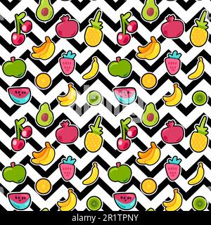 Bemalte Beeren Sommerfrüchte Mischen Nahtloses Muster. Leuchtende Ananas, Orange im Zickzack-Hintergrund. Kirschen, Kiwi und Granatäpfel mit schwarzer gepunkteter Linie. Stock Vektor