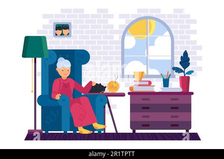 Oma zu Hause mit einer Katze ausruhen. Alte Frau entspannt sich mit Büchern im Zimmer. Weibliche Oma-Figur. "Bleib Zu Hause" -Illustration Mit Oma. Stock Vektor