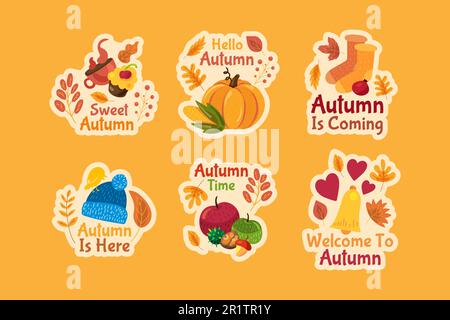 Herbstaufkleber. Süße Herbstetiketten auf orangefarbenem Hintergrund isoliert. Lustige Abzeichen mit Buchstaben und Herbstsymbolen: Blätter, Kürbis und AP Stock Vektor