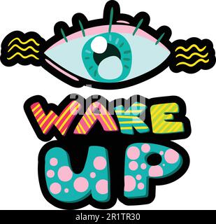 Auge mit Beschriftung Strichlinie Aufkleber. Aufwachen, Abbildung des zusammengefügten Rahmens. Morgen flaches Pflaster Stock Vektor