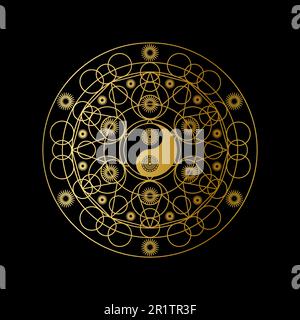 Vorlage für Meditationssymbol mit goldenem Yin Yang-Zeichen in Mandala Outline auf linearer Vektordarstellung mit schwarzem Hintergrund. Traditionelles Orientalisches Symbol Desi Stock Vektor
