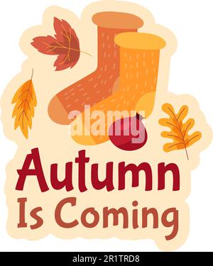 Herbst steht vor der Tür Aufkleberdesign für saisonale Angebote oder Rabattflyer-Design. Süßes Herbstlabel mit Stricksocken auf gelbem Laubhintergrund. Vektor Stock Vektor
