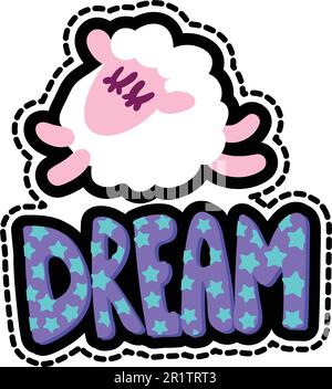 Schafe mit Traumschrift genähter Rahmenaufnäher. Schlafendes Lamm, flacher Aufkleber. Strichlinie niedliche Zeichnung Stock Vektor