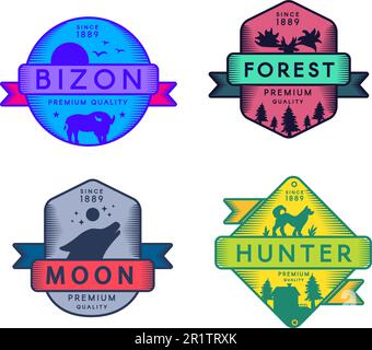 Logo von „Bizon and Forest, Moon and Hunter“. Farbenfrohes Sortiment Markenzeichen Premium-Qualität. „Wolf and Dog, Buffalo and Deer“-Silhouetten auf Design Stock Vektor