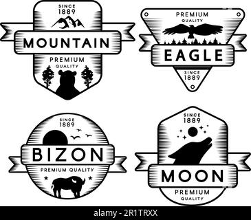 Logo von Flying Eagle und Bizon, Moon und Mountain Set. Collection Markenzeichen Premium Quality. Silhouetten von Condor und Bär, Wolf und Buffalo auf Logotyp Mo Stock Vektor