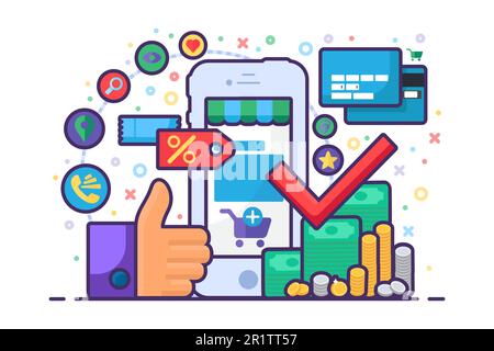 Illustration: Erfolgreiches Online-Shopping Auf Mobilgeräten. Gewinn aus unternehmerischer Initiative, das Einkommen des Stores mit einer hohen Bewertung Stock Vektor