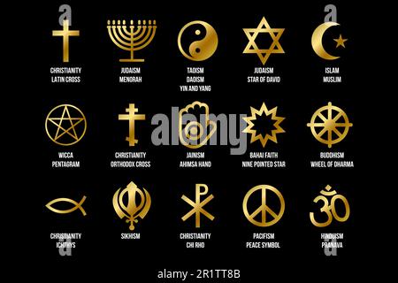 Eine Reihe religiöser Zeichen. Sammlung von goldenen Symbolen für verschiedene Religionen und Religionen, isoliert auf schwarzem Hintergrund. Symbole Vektordarstellung. Islam, Stock Vektor