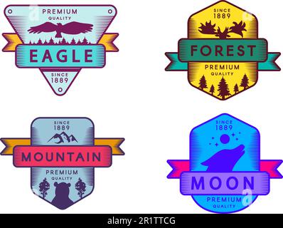 Logo für Adler- und Wald-, Mond- und Bergabzeichen. Farbenfrohes Sortiment Markenzeichen Premium-Qualität. Silhouetten von Wolf und Hirsch, Bär und Vogel auf Design Stock Vektor