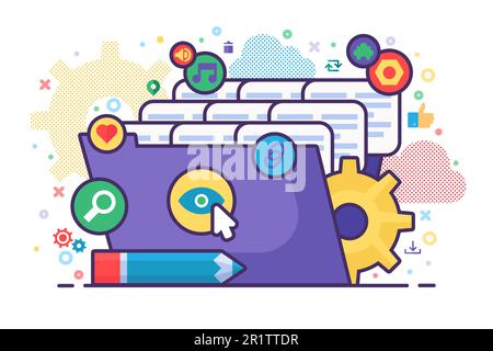 Datei-Explorer-Konzept Illustration mit Ordner, Dokumentdateien und Dateiaktionszeichen, Bleistift. Unternehmensanalyse-Collage. Personalbestand Stock Vektor